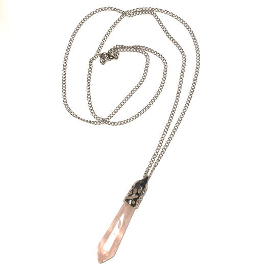 rosenquartz-stein-rosa-stål-sølv-smykke-halskjede