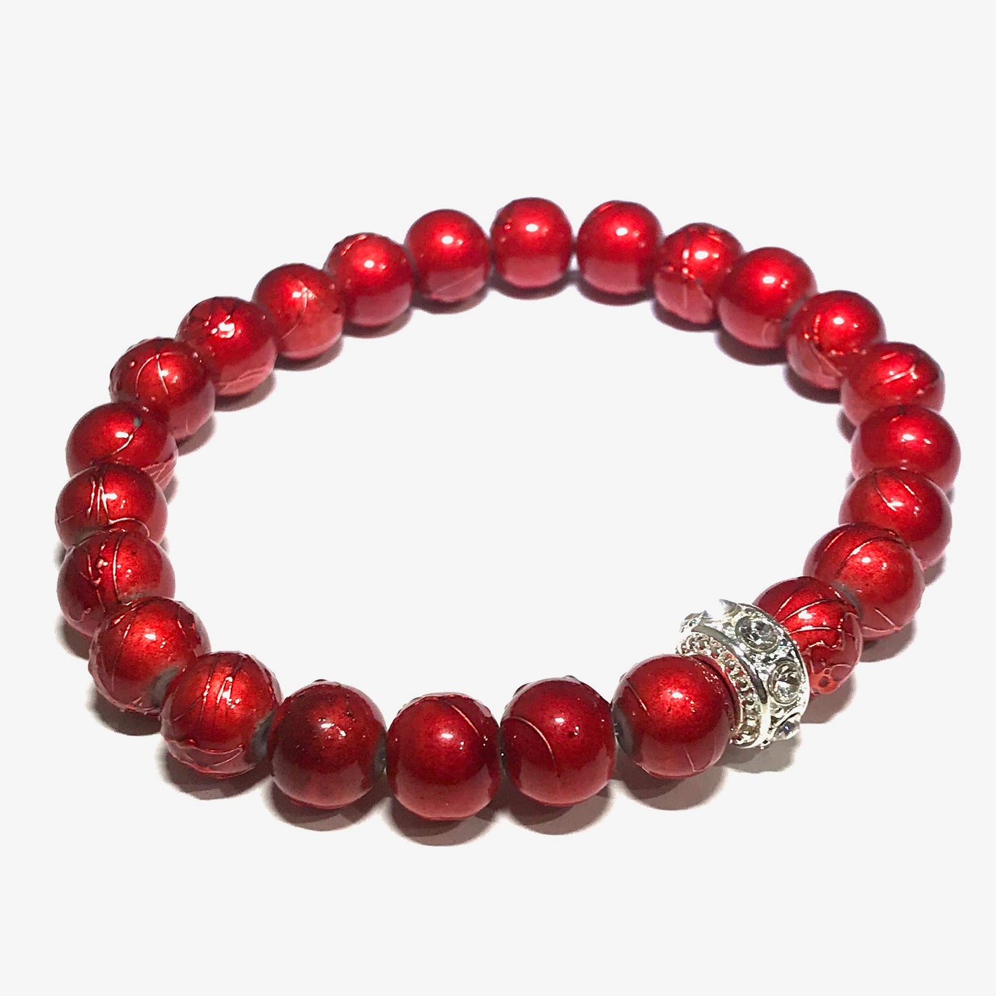 rød-perle-glitter-sølv-armbånd