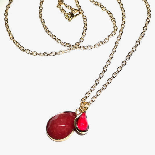 rød-dråpe-stein-glass-gull-langt-smykke-halskjede