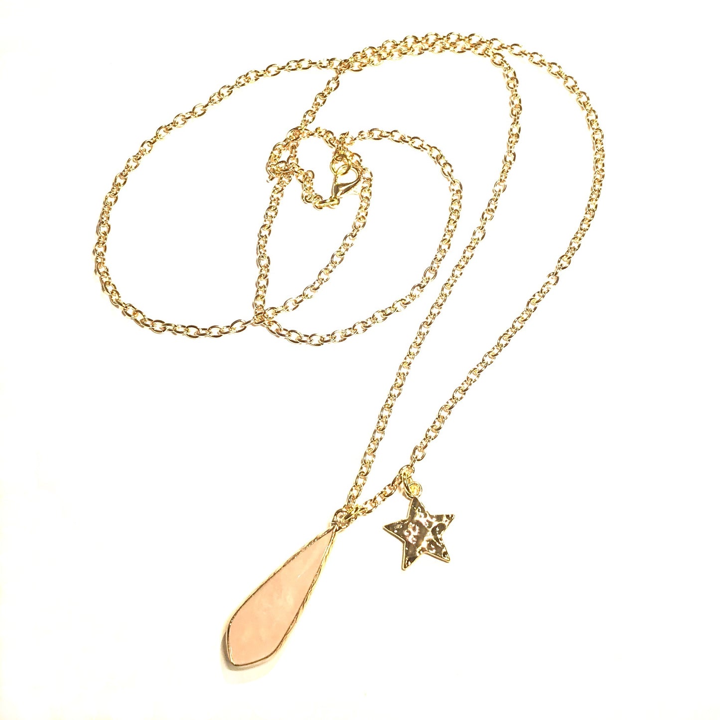 rosa-rosenquartz-dråpe-stjerne-smykke-halskjede